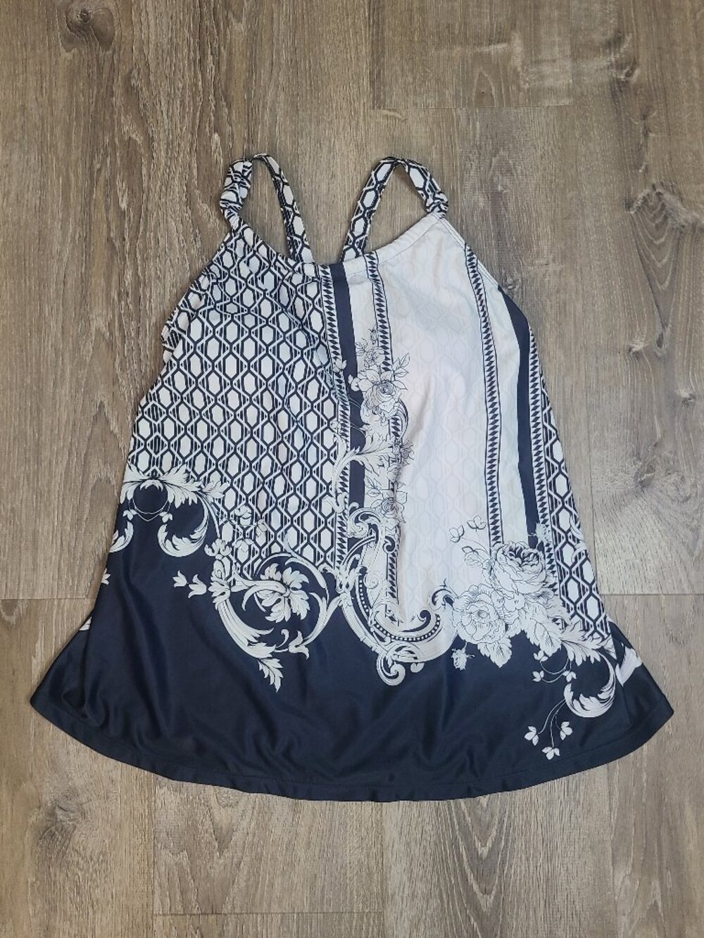 Navy White Baroque Floral Geometric Swim Tankini Top Only With Pads Size XL
